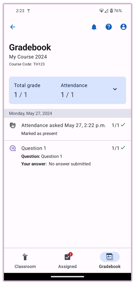 Android phone screen showing a list of graded items and scores in the Gradebook.
