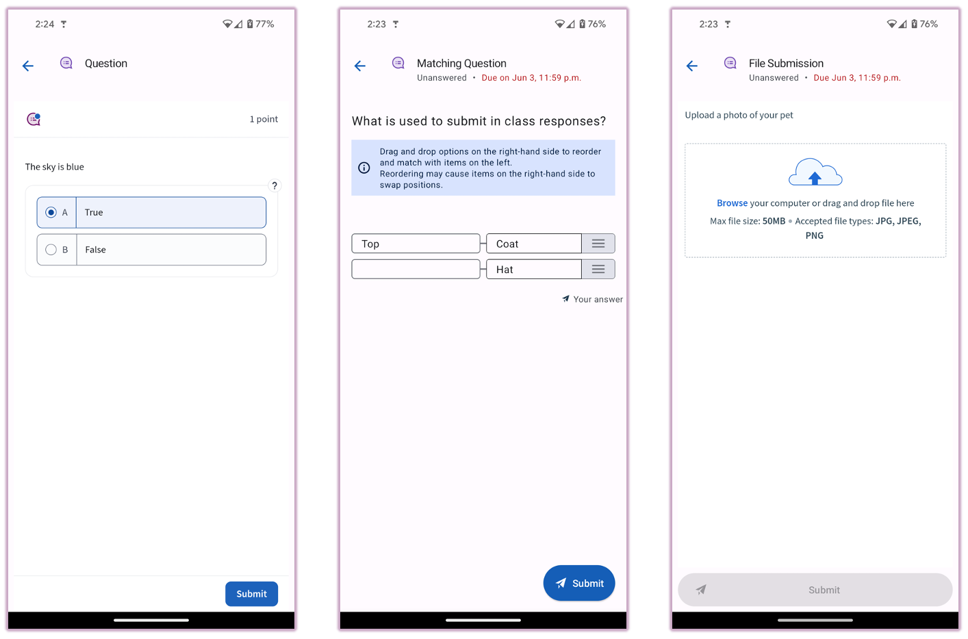 Android screens showing different question types: true/false, matching, and file upload.