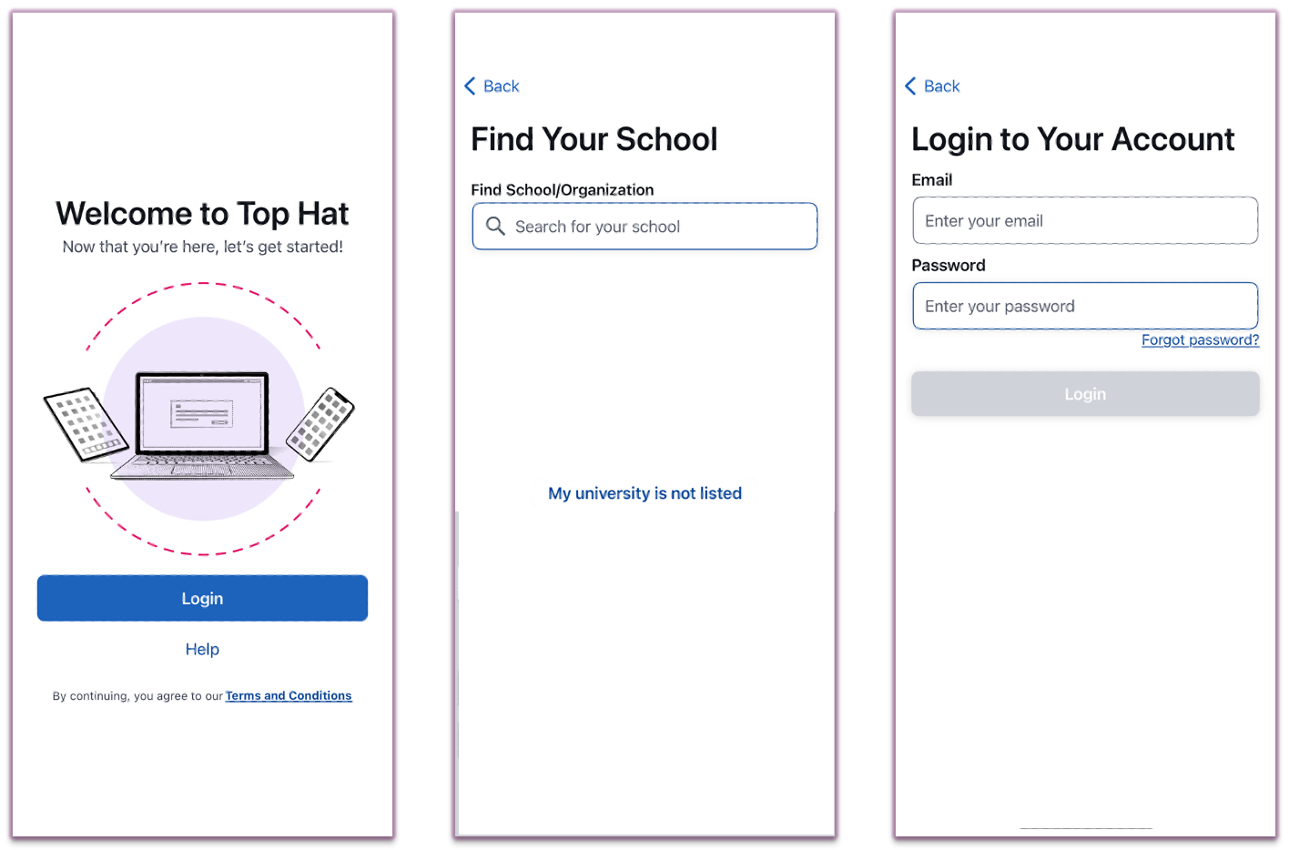 Steps on an Android phone: the Welcome screen, the Find Your School search bar, and the account login screen.