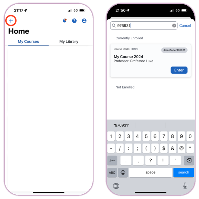 The mobile app search results screen showing a 'Join' button next to a course title.