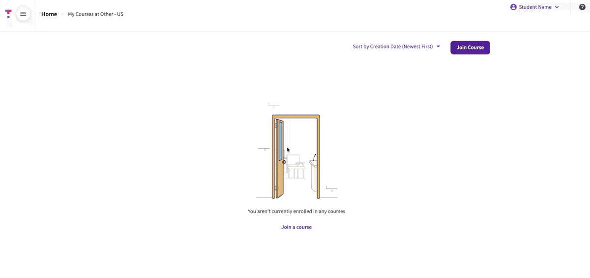 Animated demonstration of a student typing a 6-digit join code into the search bar and clicking 'Join Course'.
