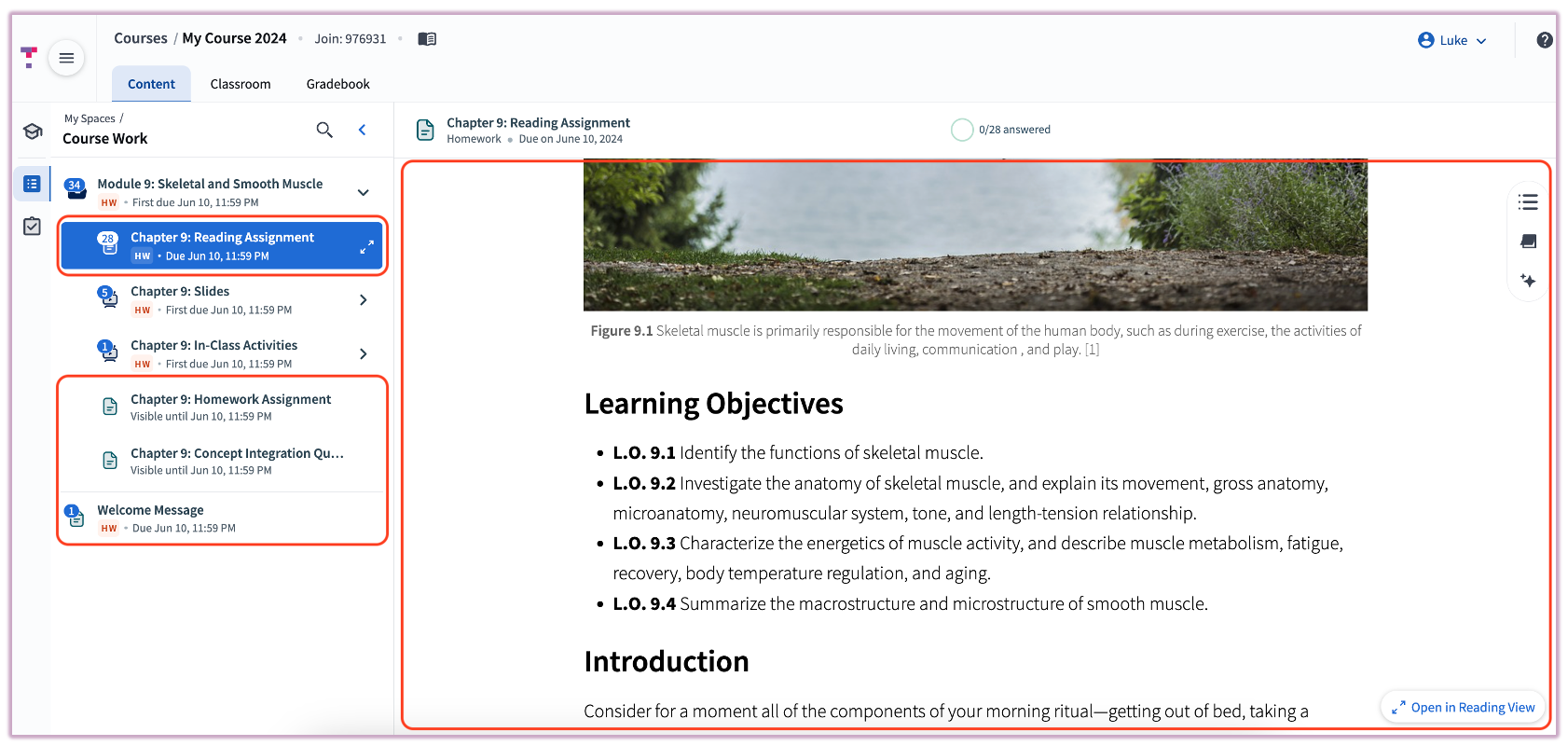A view of the course content tree showing some items labeled as Homework and others as Review.
