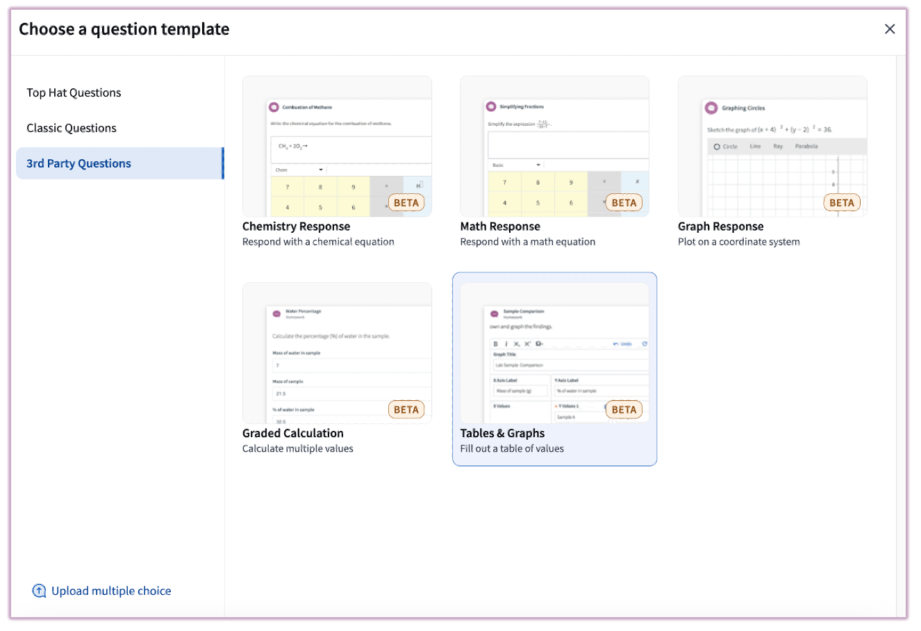 The advanced question menu featuring Math, Chemistry, and Graphing response types.