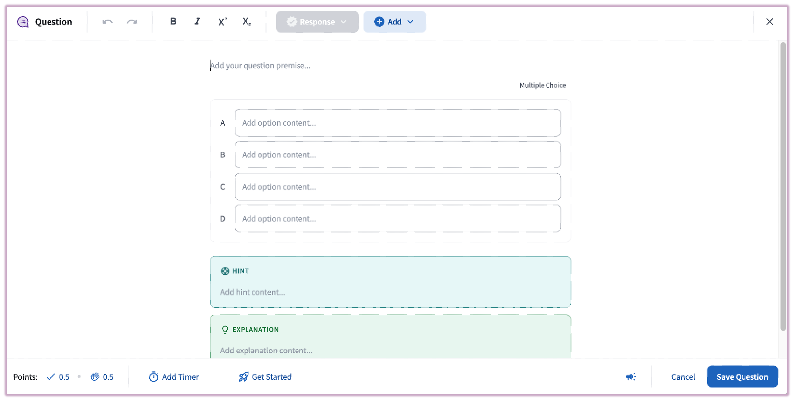 The Multiple Choice question editor interface, showing fields for the question text and answer choices.
