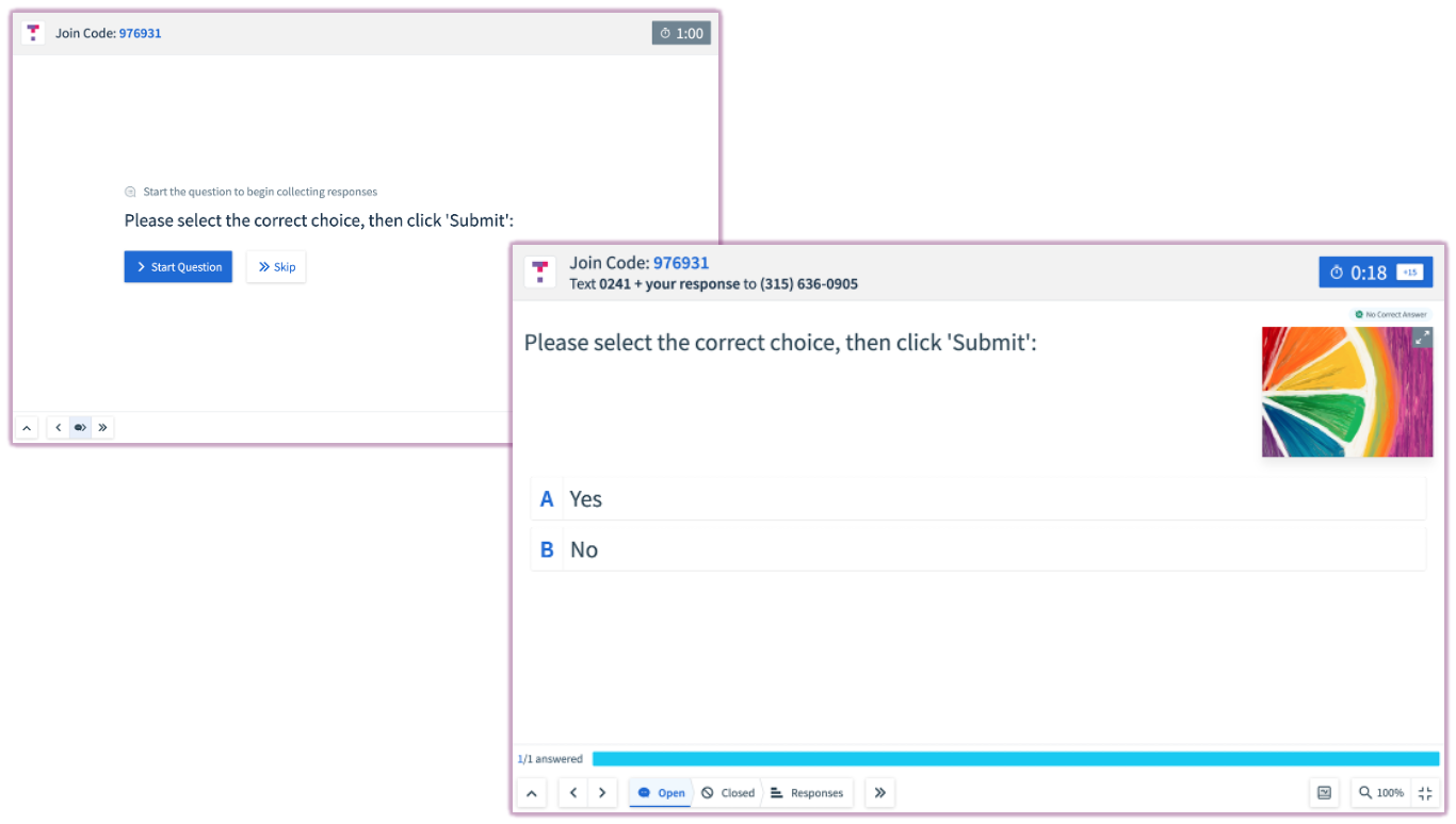 The presentation view as seen by students, showing a question with a countdown timer and response count.