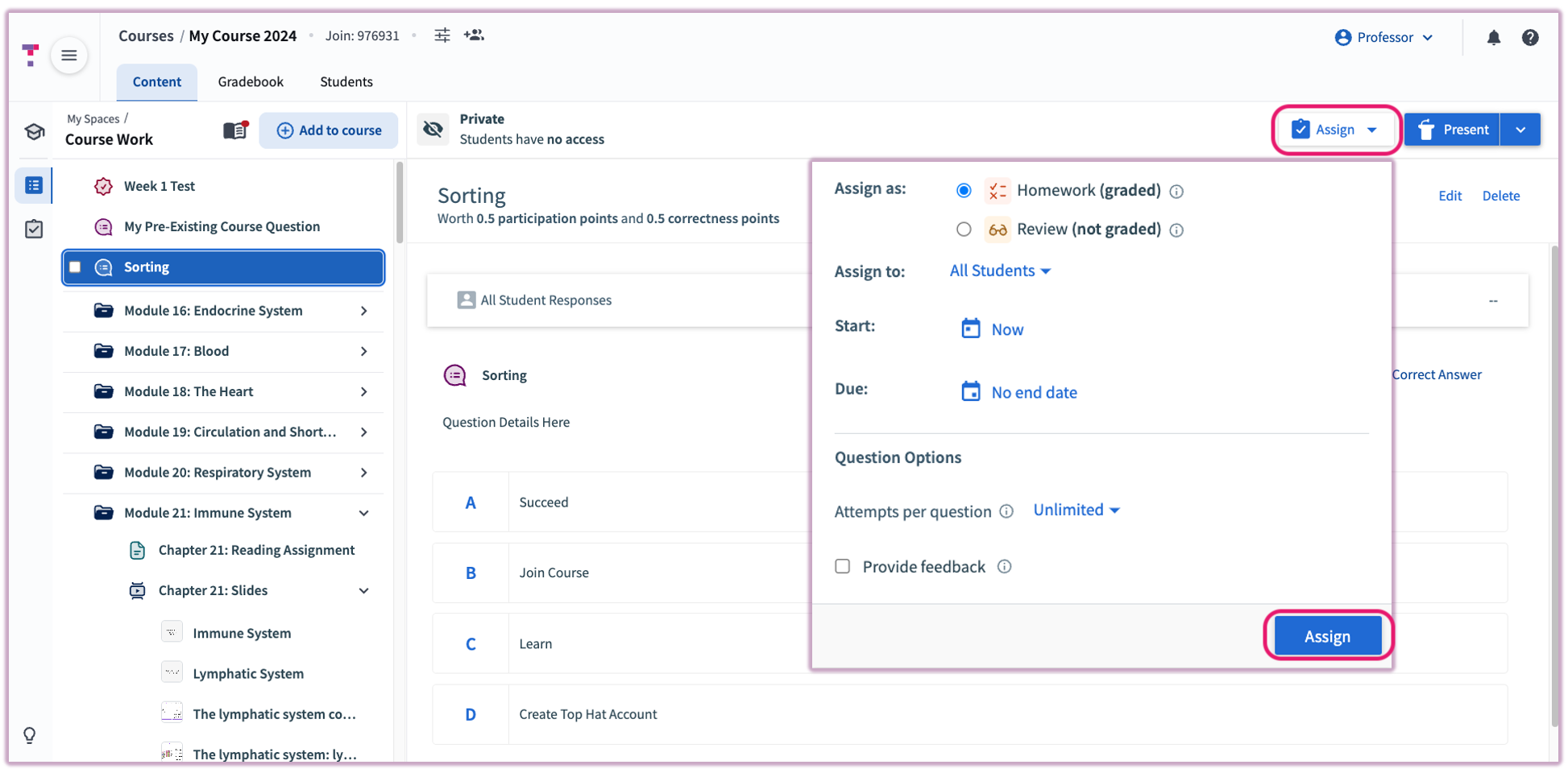 The assignment options window showing the toggle between Homework and Review status.