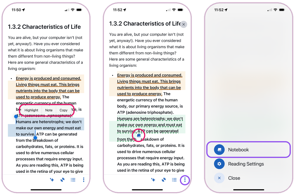 The mobile app interface showing a text selection menu with the 'Note' option and the resulting margin icon.