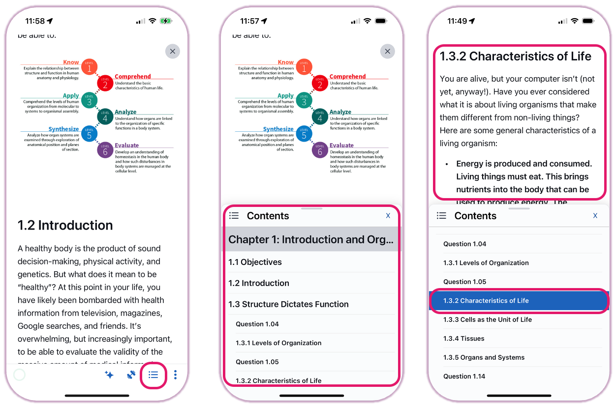 The chapter navigation drawer expanded on a mobile device showing a list of sections.