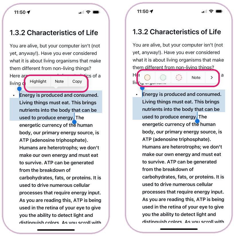 A user selecting text on a mobile device and selecting a color from the highlight toolbar.
