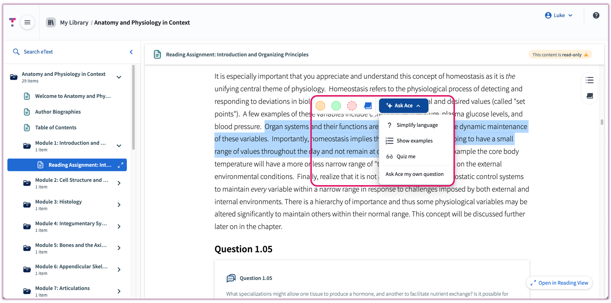 The web browser interface showing the Ace AI dropdown menu with options like 'Simplify' and 'Quiz Me' after highlighting text.