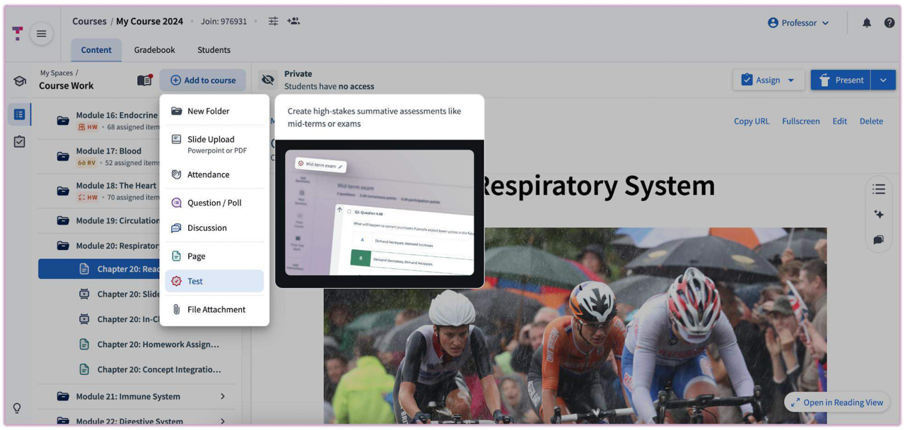 The Top Hat educator interface showing the Add to Course dropdown with the Test option highlighted.