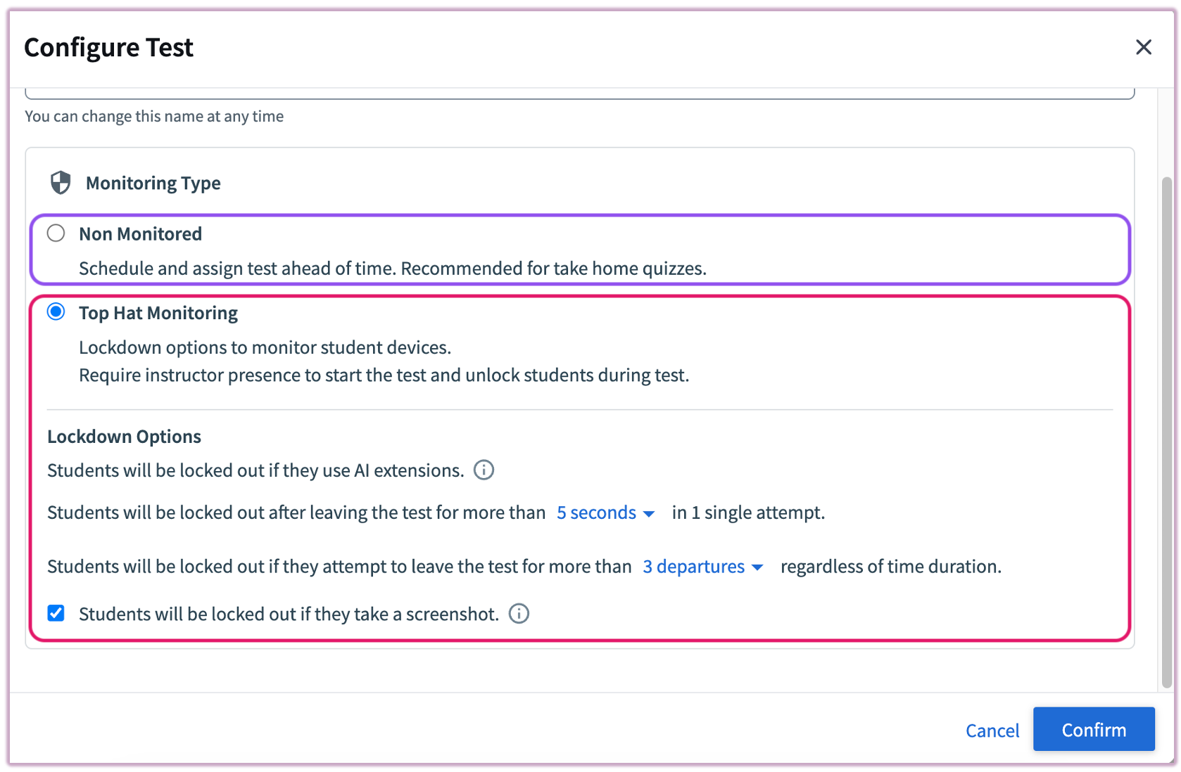 The Test Settings window displaying lockdown configuration options for Monitored tests.