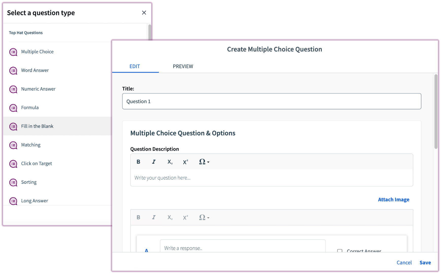 The New Question selection menu showing various question types such as Multiple Choice, Word Answer, and Fill in the Blank.