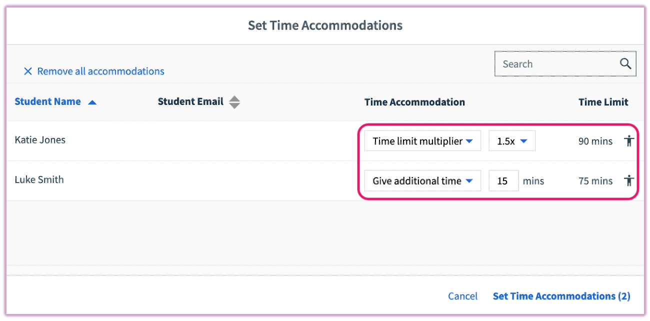 Setting the specific time multiplier for an individual student.