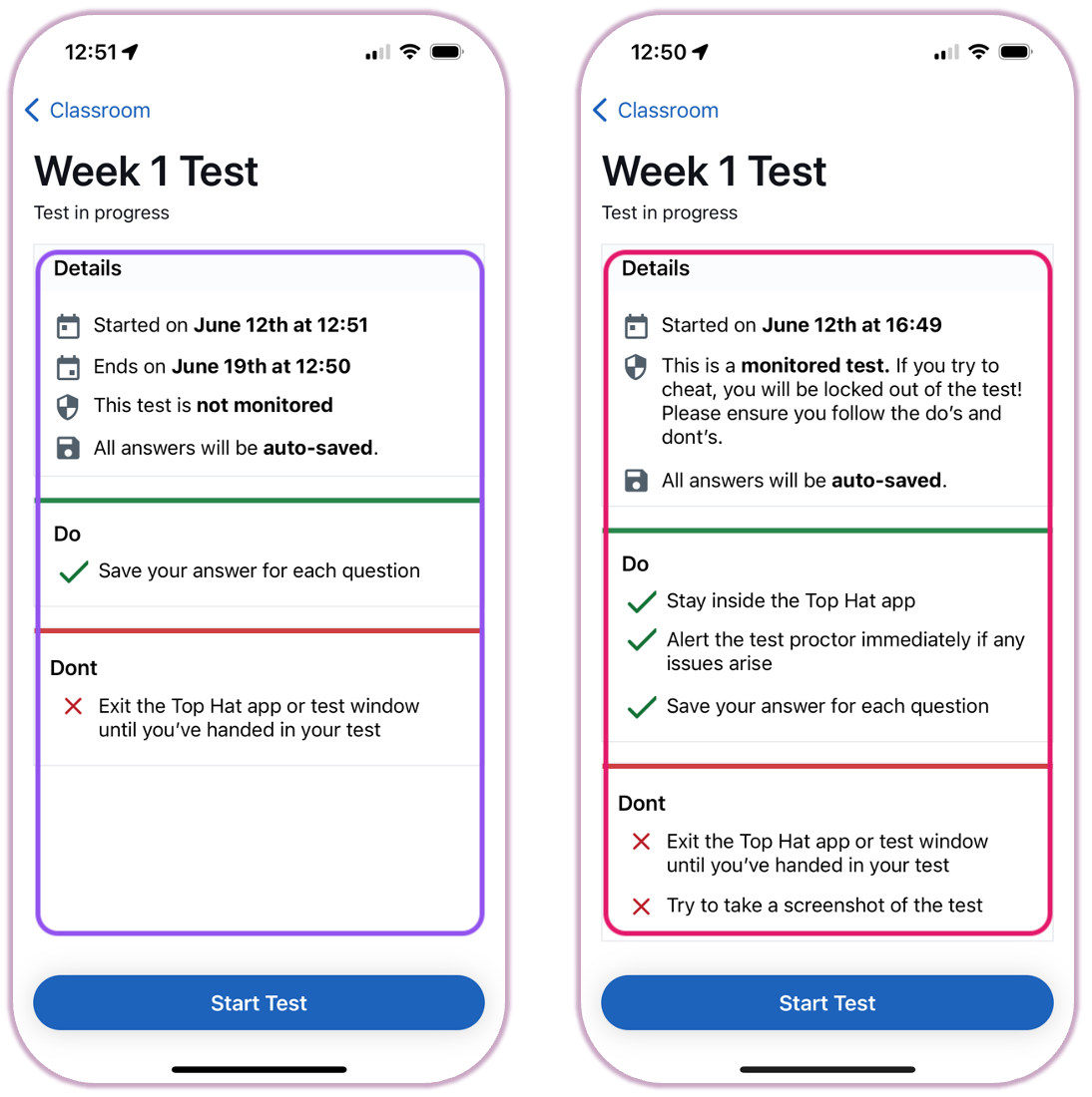 The student 'Test Overview' screen on a mobile device, showing the test title, instructions, and a 'Start Test' button.