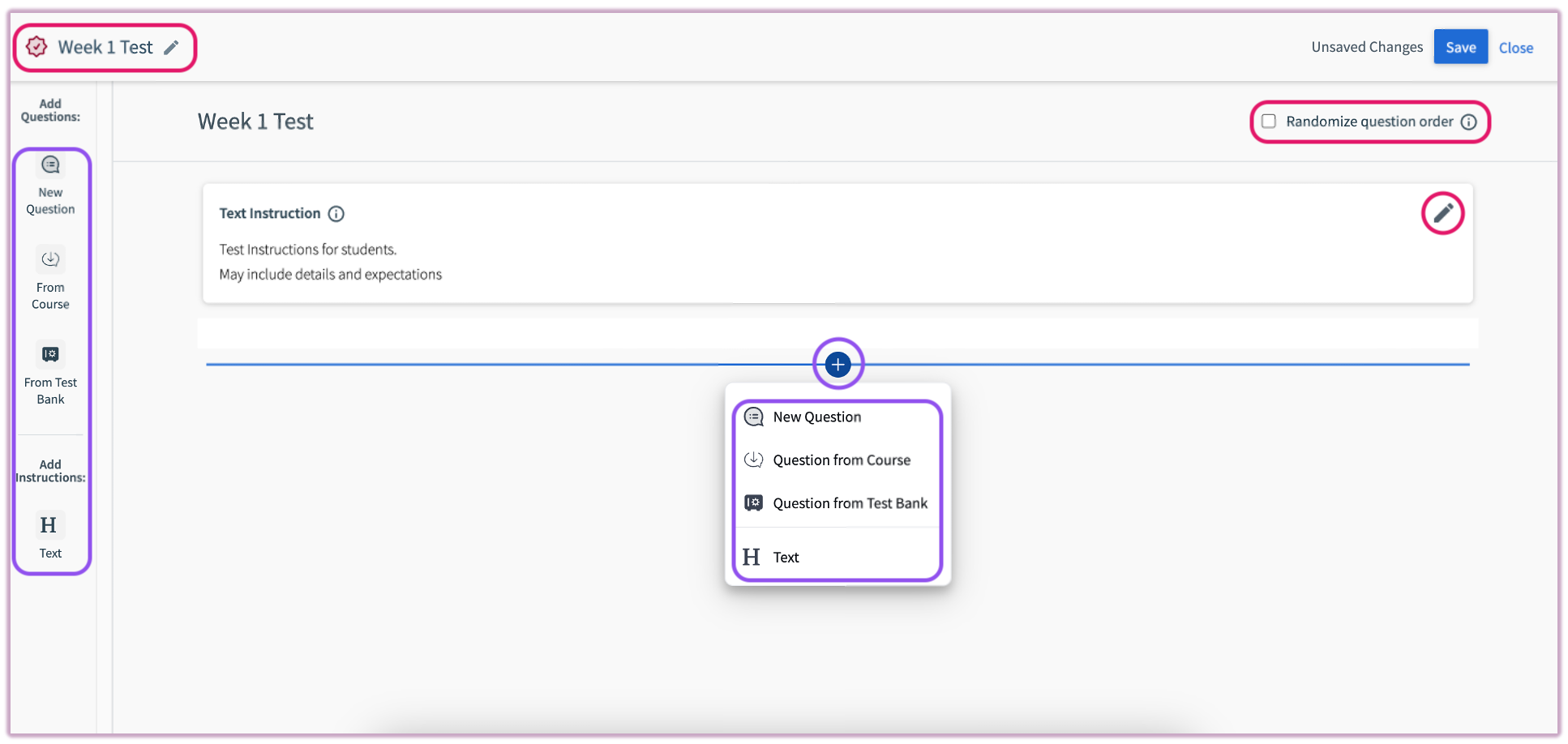 The Test Builder interface showing the header with rename and randomization options, and buttons to add questions.