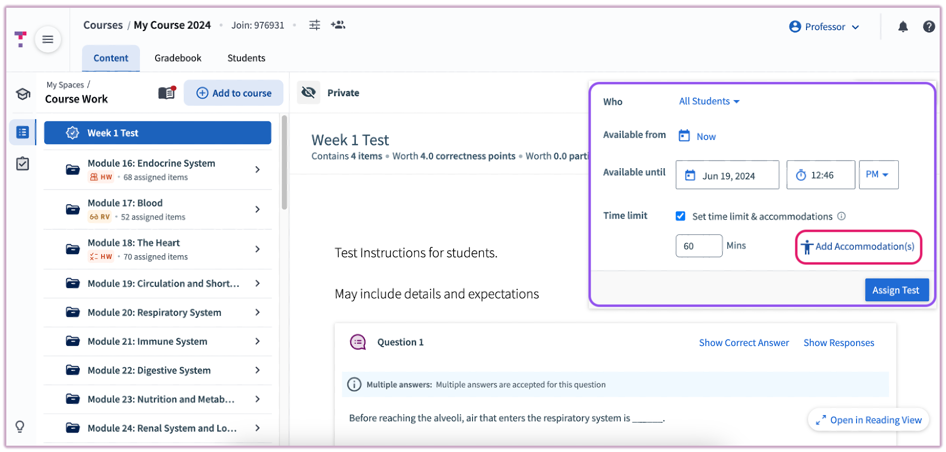The student selection screen within the Add Accommodations menu.