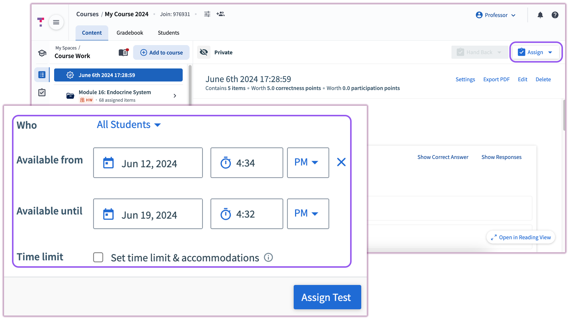 The 'Assign Test' dialog box highlighting options for scheduling and student selection.
