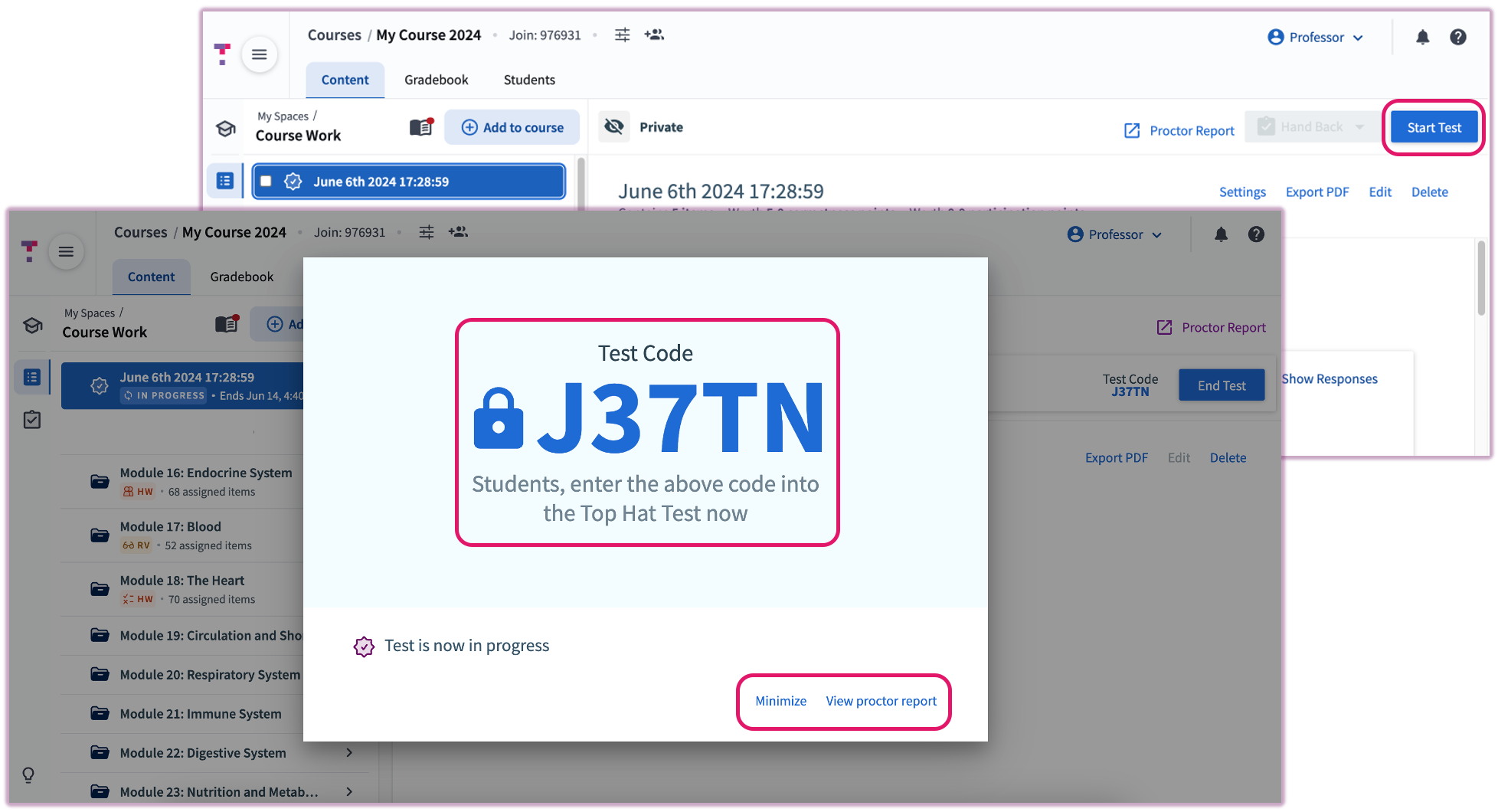 A large onscreen overlay displaying the 4-digit alphanumeric code required for students to join the test.