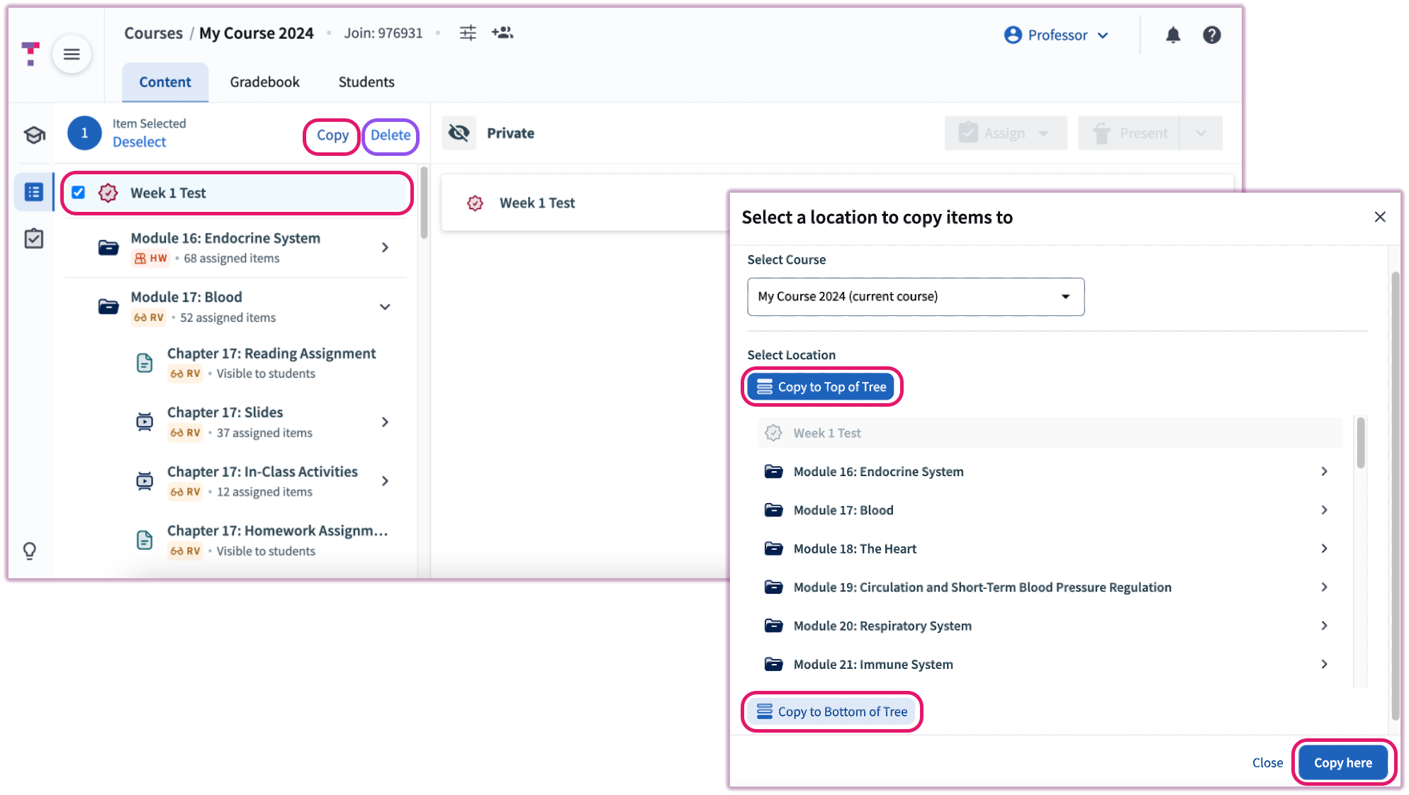 The copy menu showing options to duplicate the test within the current content tree.