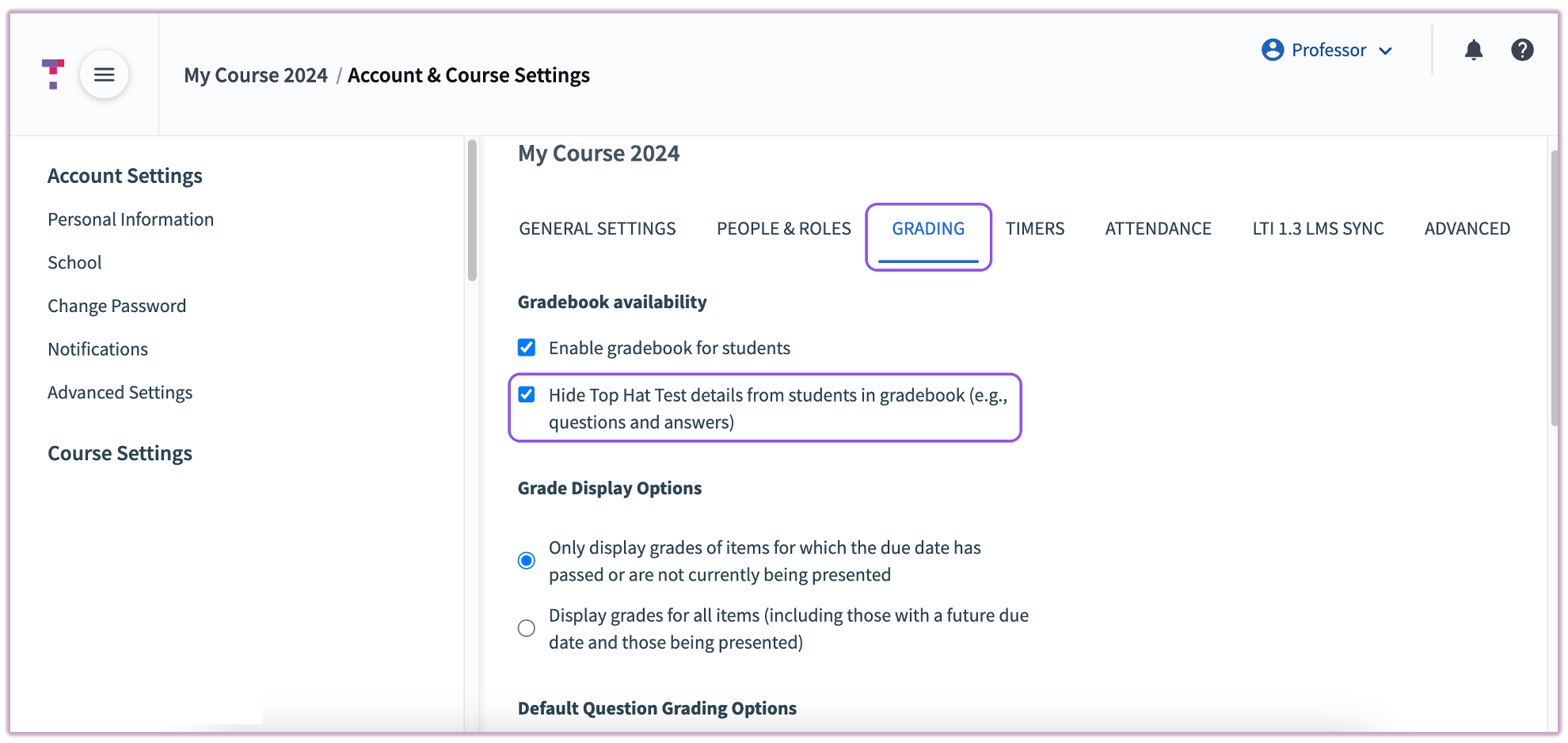 The Grading tab in Course Settings with 'Gradebook availability' options for tests highlighted.
