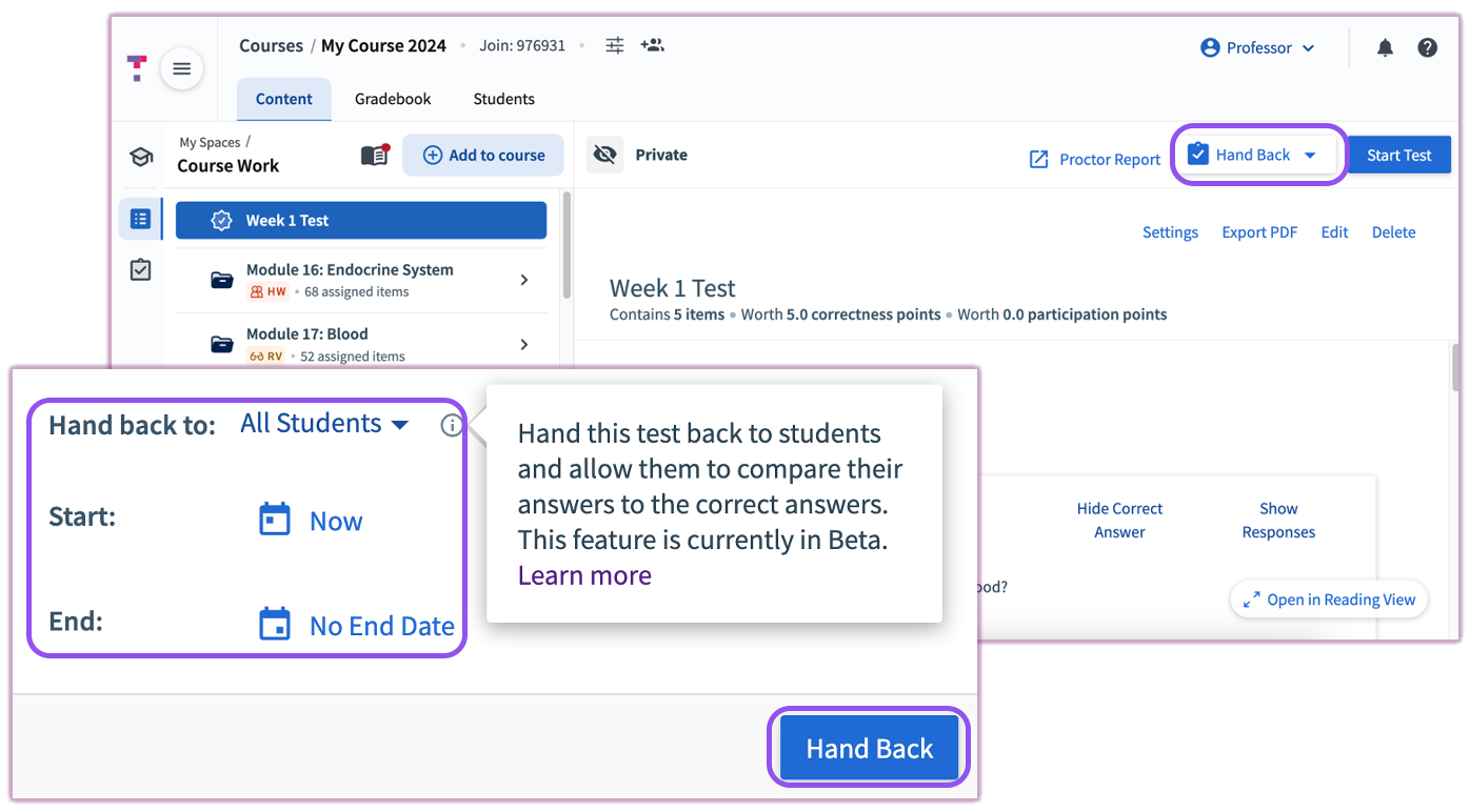 The Hand Back configuration window showing student selection and scheduling options.