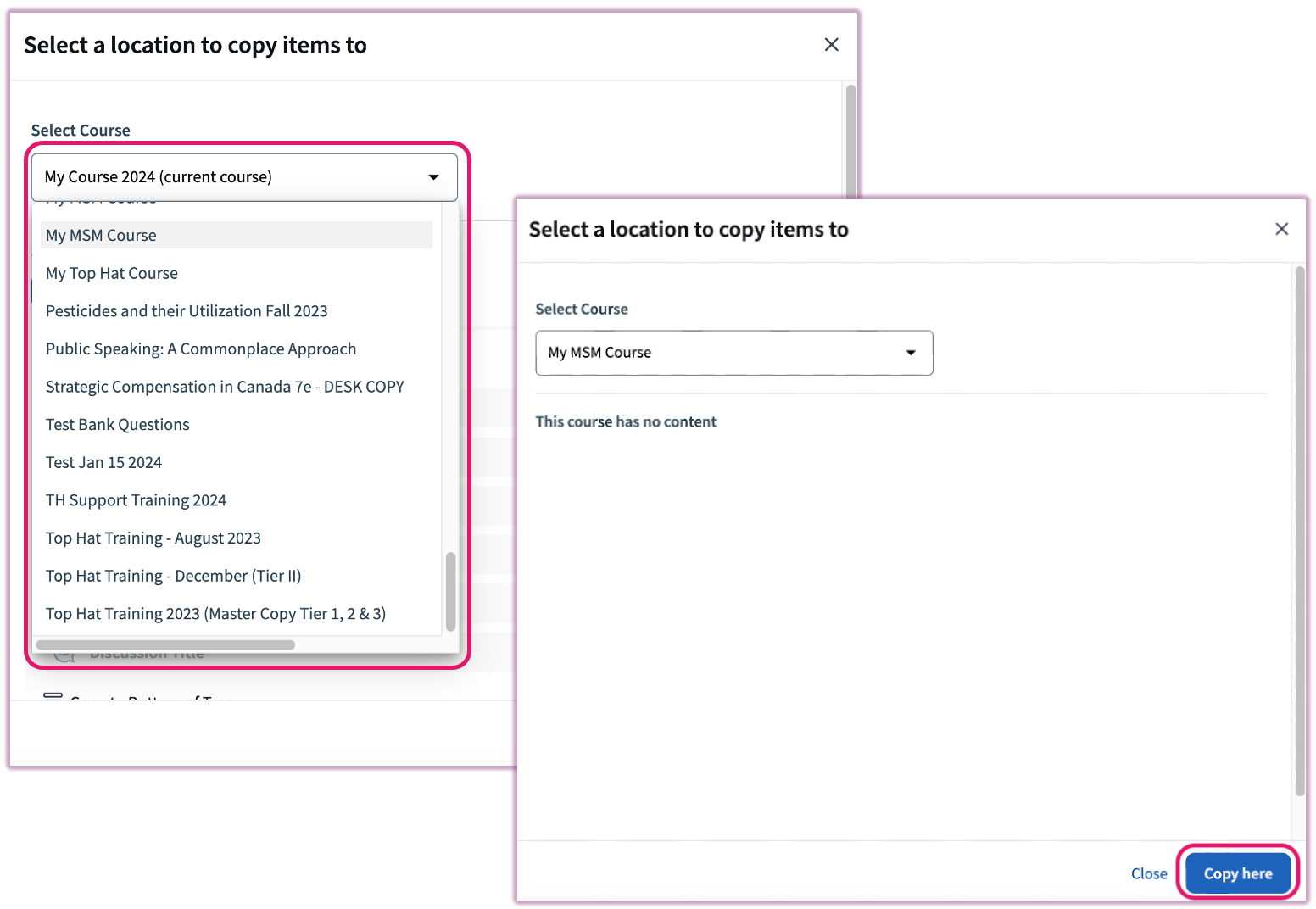 The course selection dropdown used to copy content between different Top Hat courses.