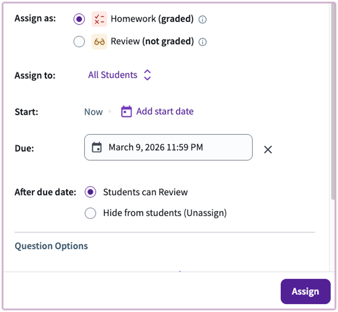 The assignment scheduling interface showing calendar and time selection for start and due dates.