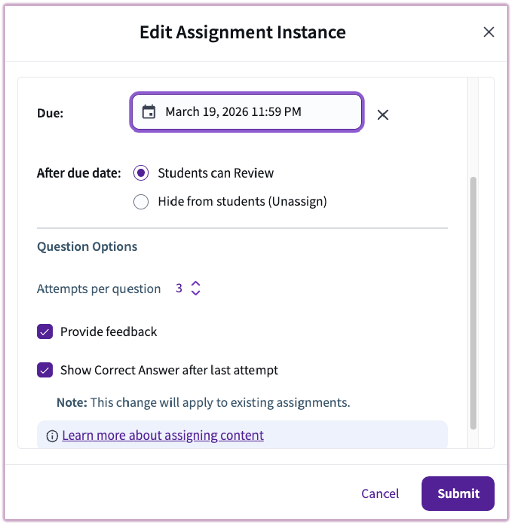 The Edit Assignment modal showing toggles for providing feedback and showing correct answers.
