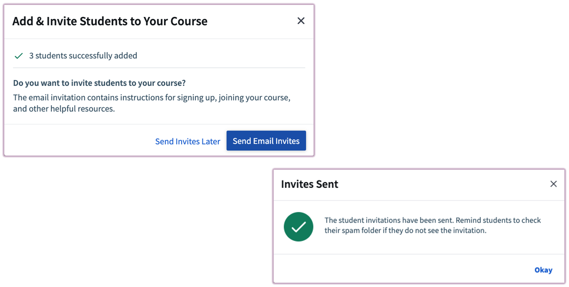 The 'Add & Invite Students' dialog box with a text area for pasting email addresses.