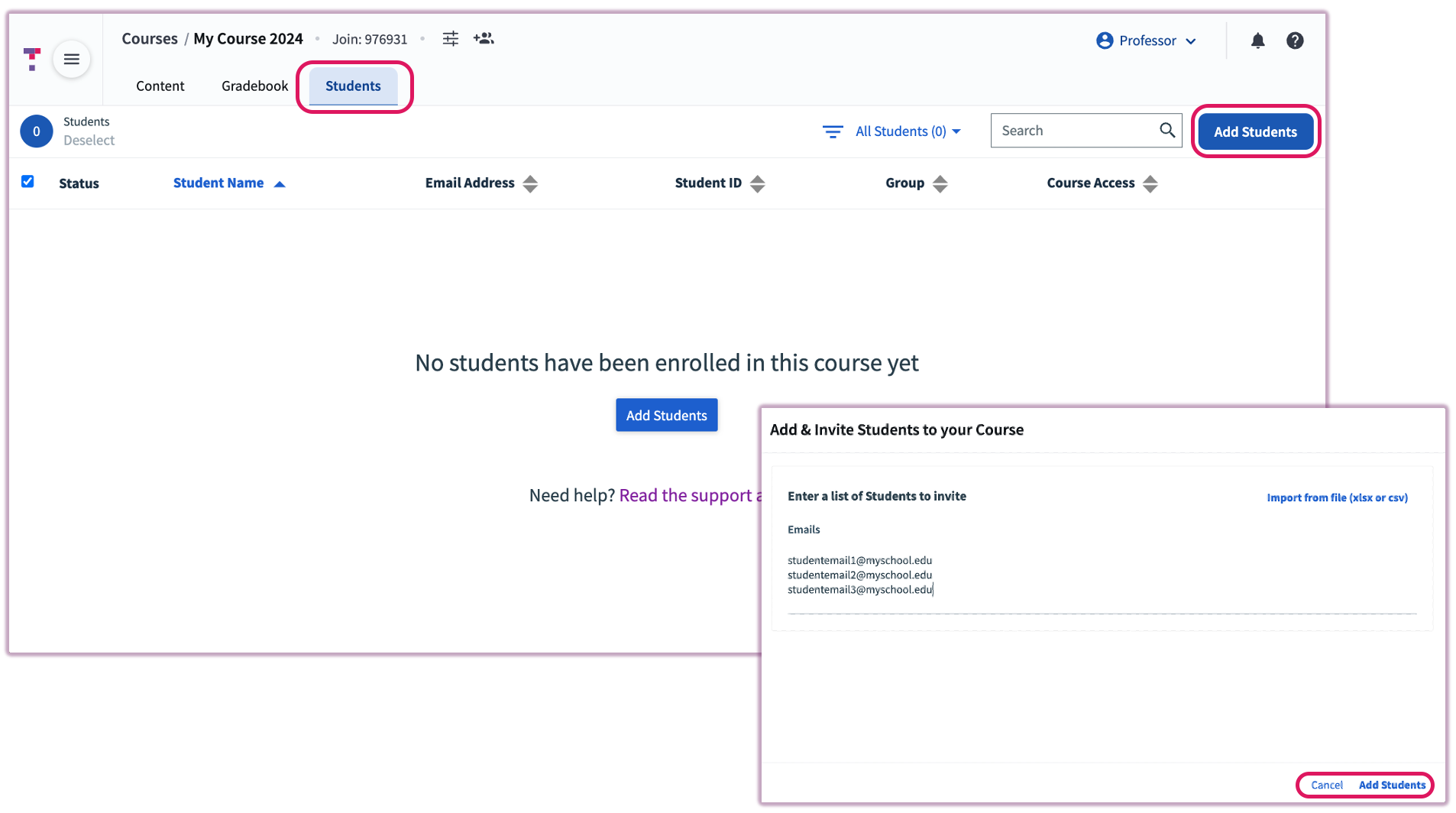 The Student Manager interface in Top Hat showing the 'Add Students' button in the top right.