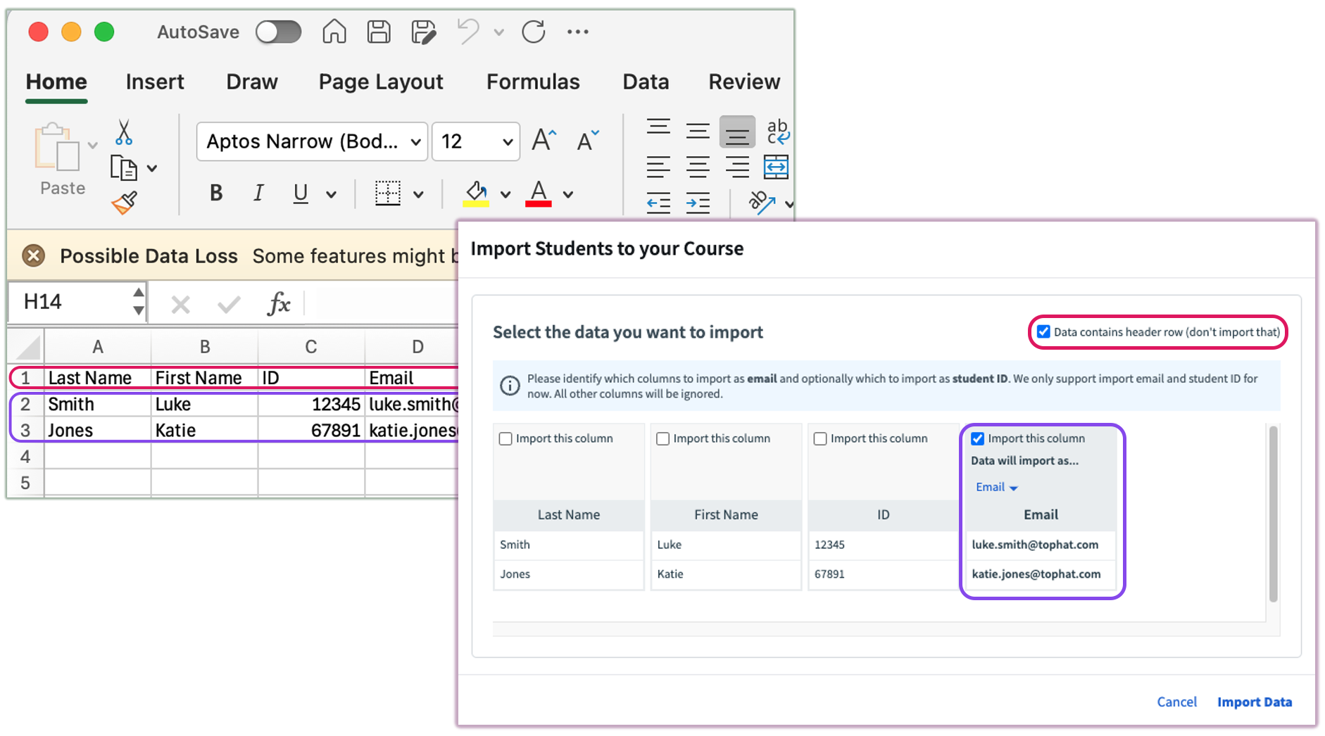 The file import mapping screen where users match spreadsheet columns to Top Hat data fields.