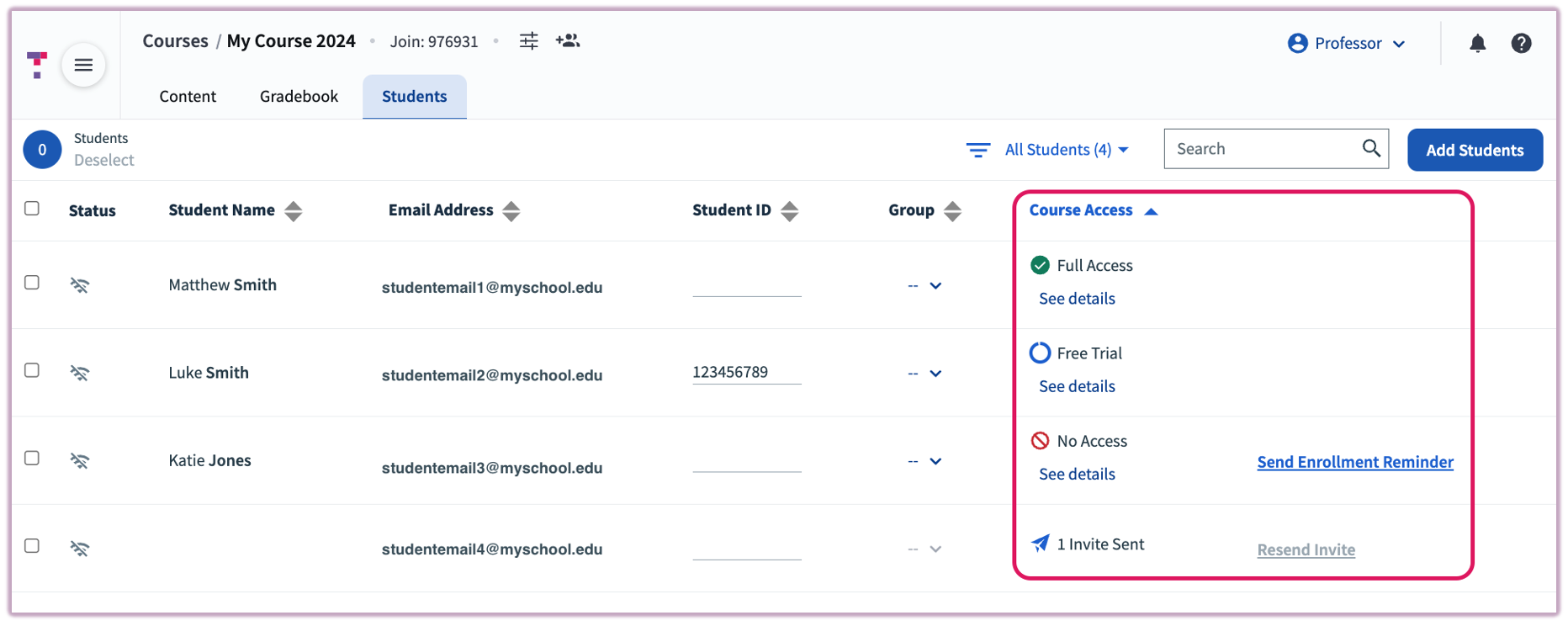 A list of students showing various 'Course Access' statuses like Full Access, Free Trial, and Invite Sent.