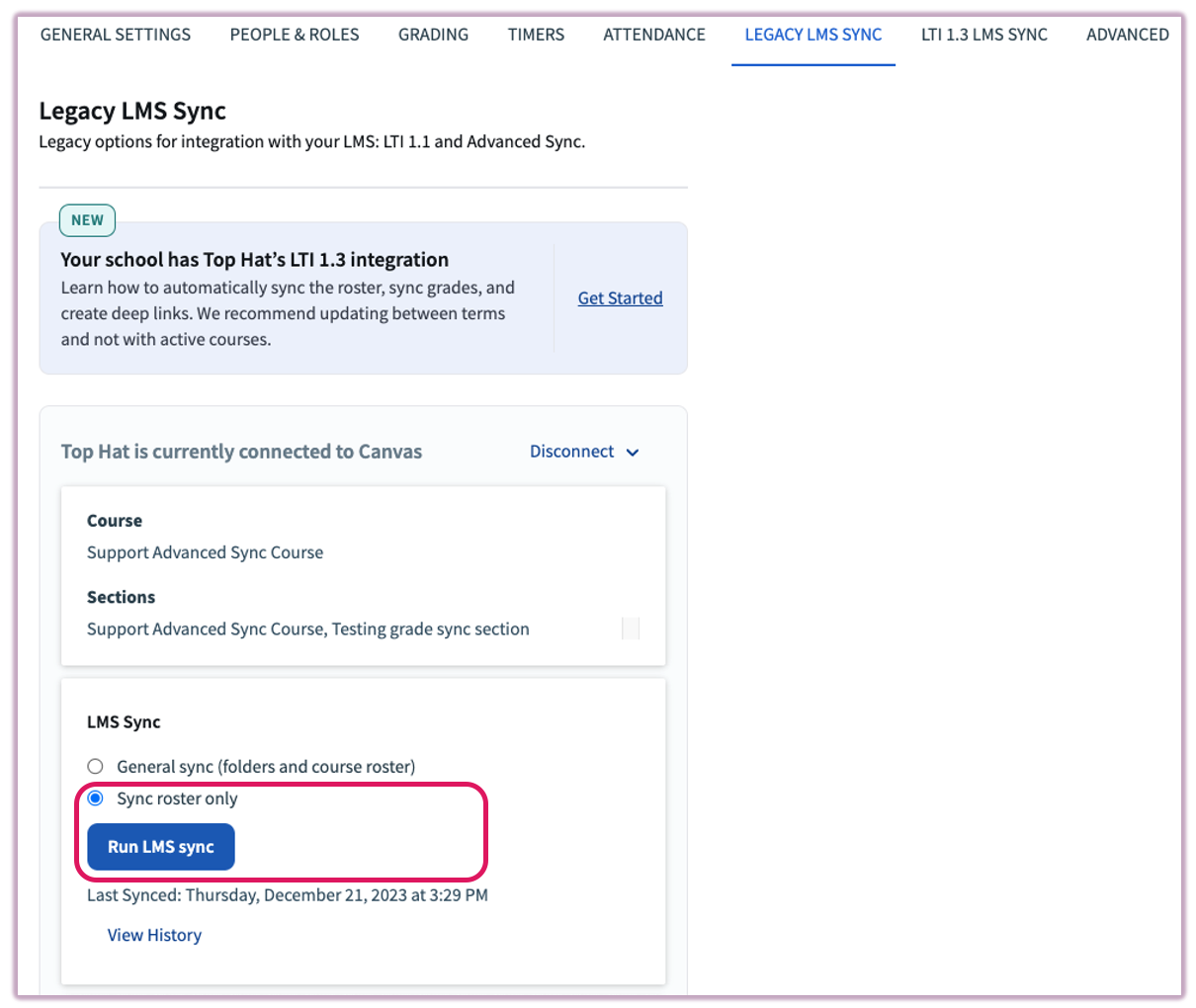 LMS Sync settings page showing the 'Roster Sync Only' radio button selected.