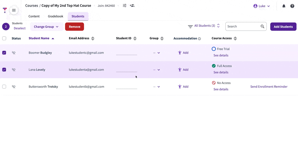 Animation of the Student Manager header showing the 'Remove' button.