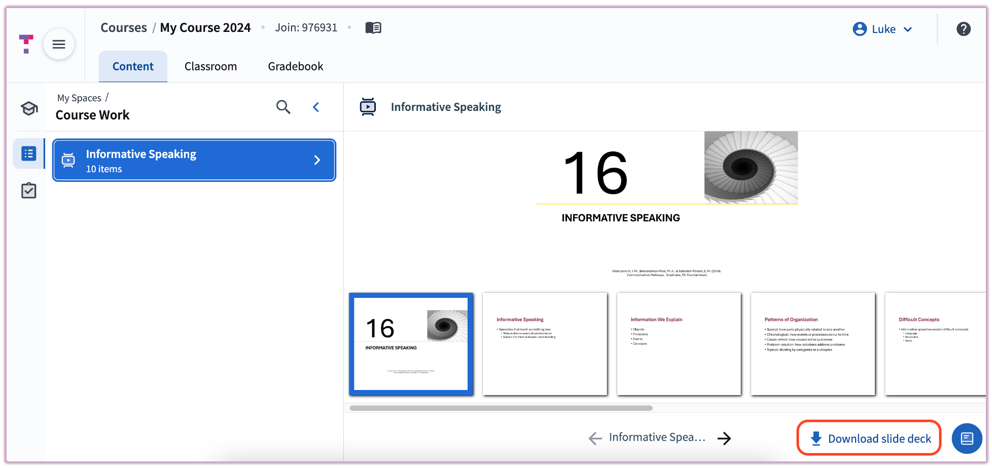 The Top Hat content interface showing the 'Download slide deck' button located in the lower right-hand corner.