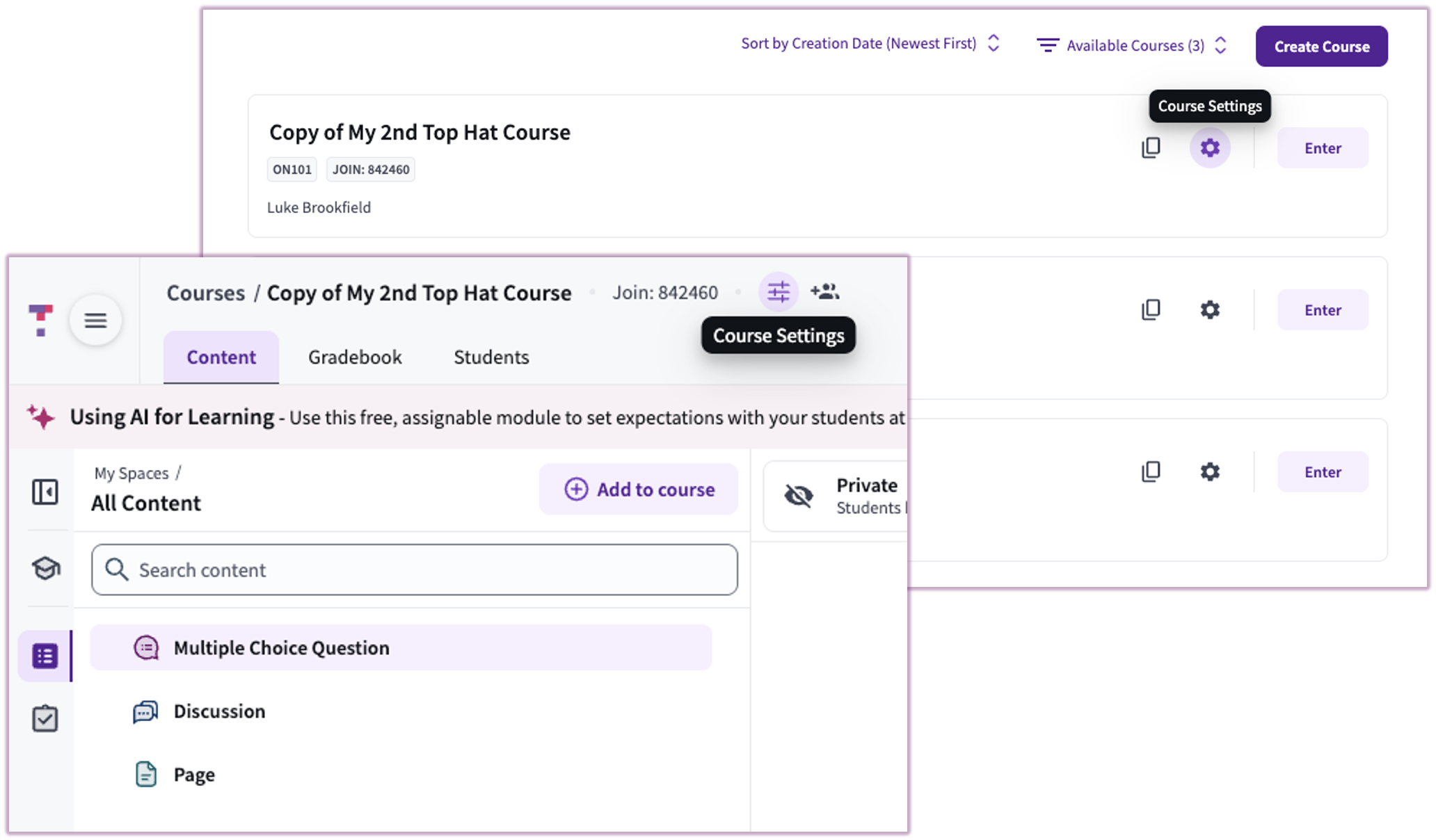Screenshot showing the course card in the lobby with the gear icon highlighted, and the top navigation bar within a course with the gear icon highlighted.