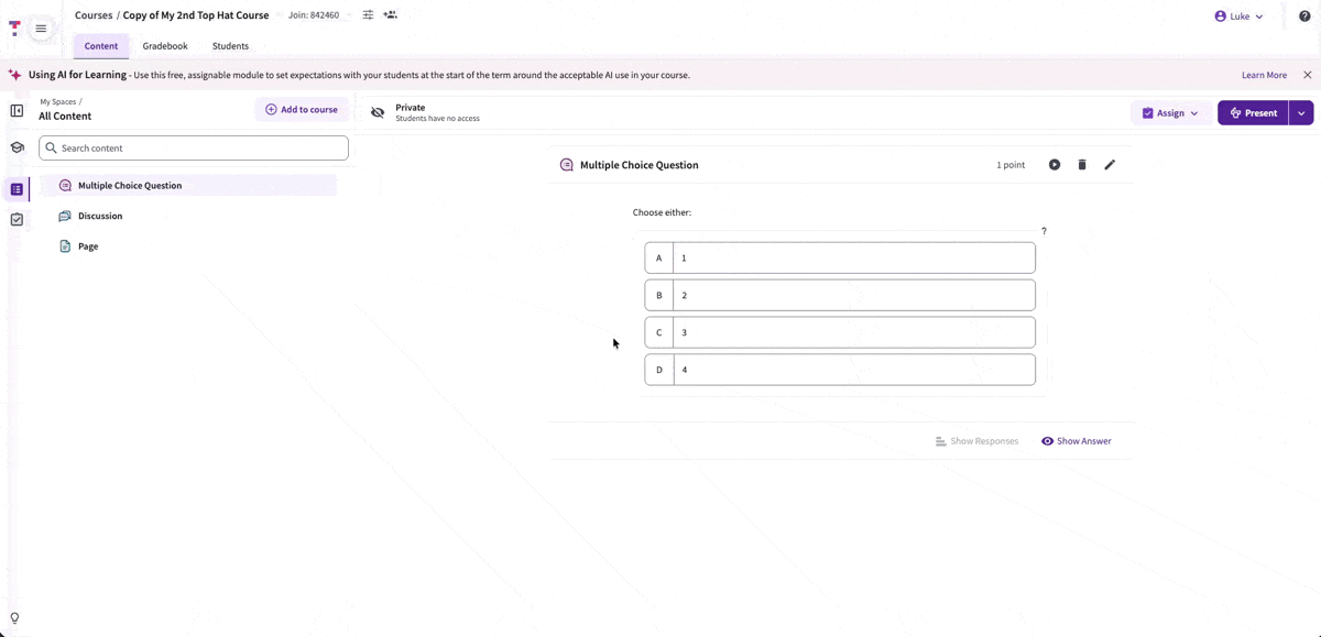 Animated GIF demonstrating how to toggle course availability between Open, Private, and Unavailable in the general settings menu.