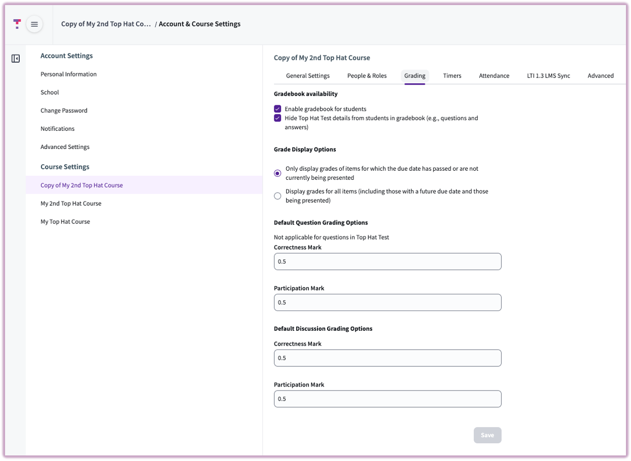 Grading settings interface showing toggles for Gradebook availability and input fields for default correctness and participation points.