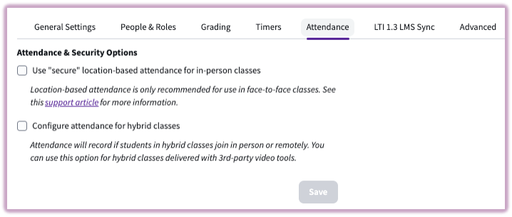 Attendance settings interface showing checkboxes for Secure attendance and Hybrid class configuration.