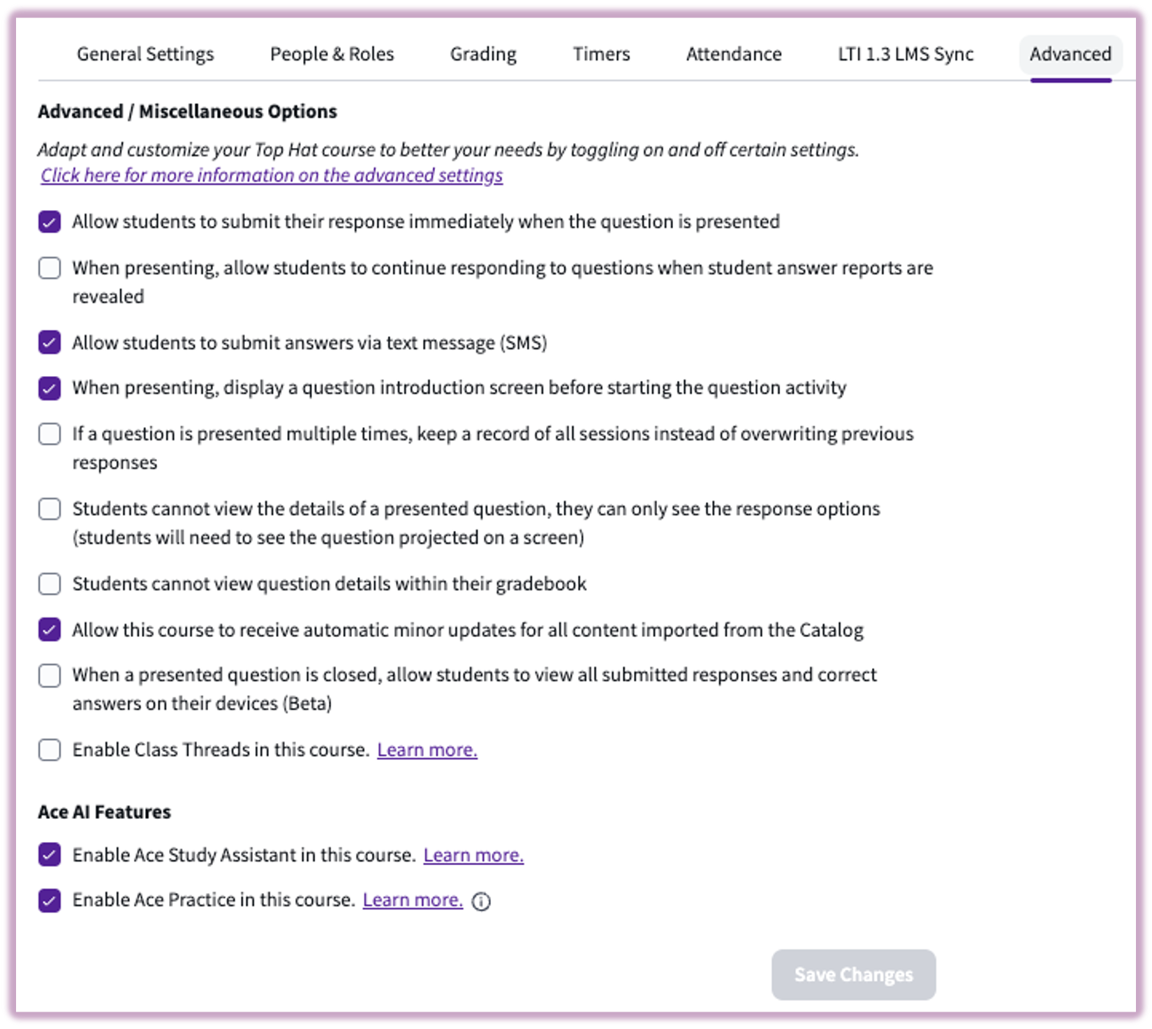 Advanced settings menu showing toggles for SMS submissions, Class Threads, and ACE AI-Powered Lecture Enhancer.