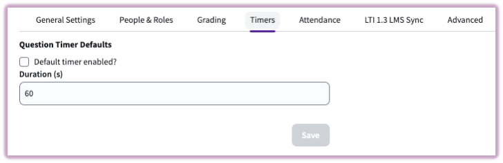 The timers settings panel showing the toggle to enable default countdown timers and a duration selector set to 60 seconds.