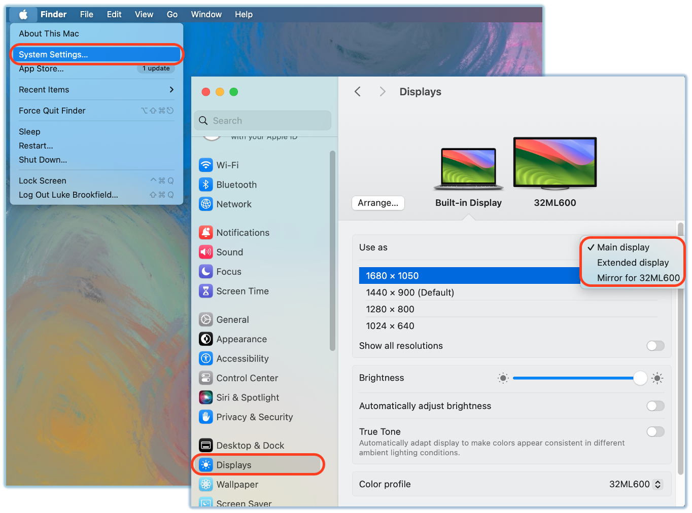 MacOS System Settings menu for Displays showing the Mirroring options dropdown.
