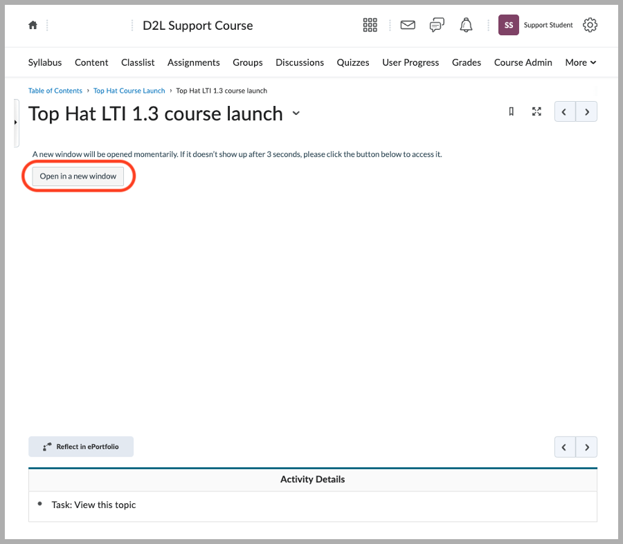 A screenshot showing the D2L content list with the Top Hat LTI Course Launch external tool link visible.