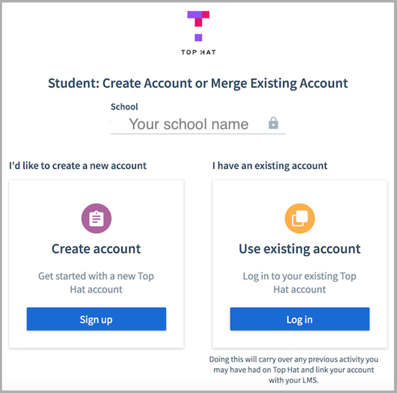 The Top Hat login portal with options to sign up as a new student or log in as an existing user.