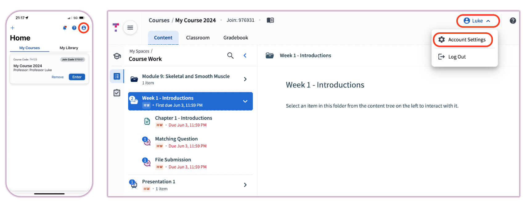 The Top Hat web interface header highlighting the user profile dropdown menu with 'Account Settings' selected.