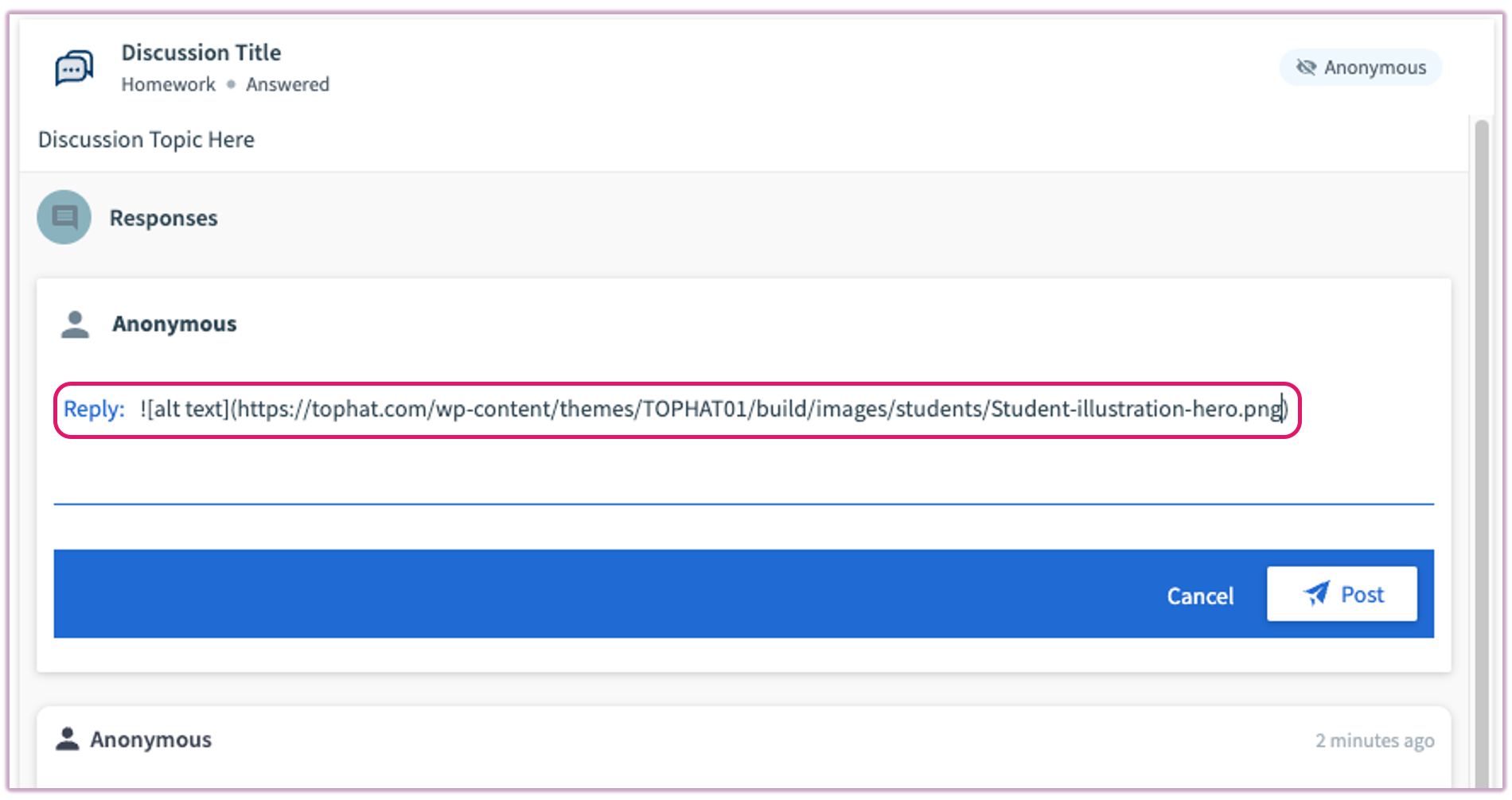 The Top Hat student response field showing the Markdown syntax for an image link being entered.