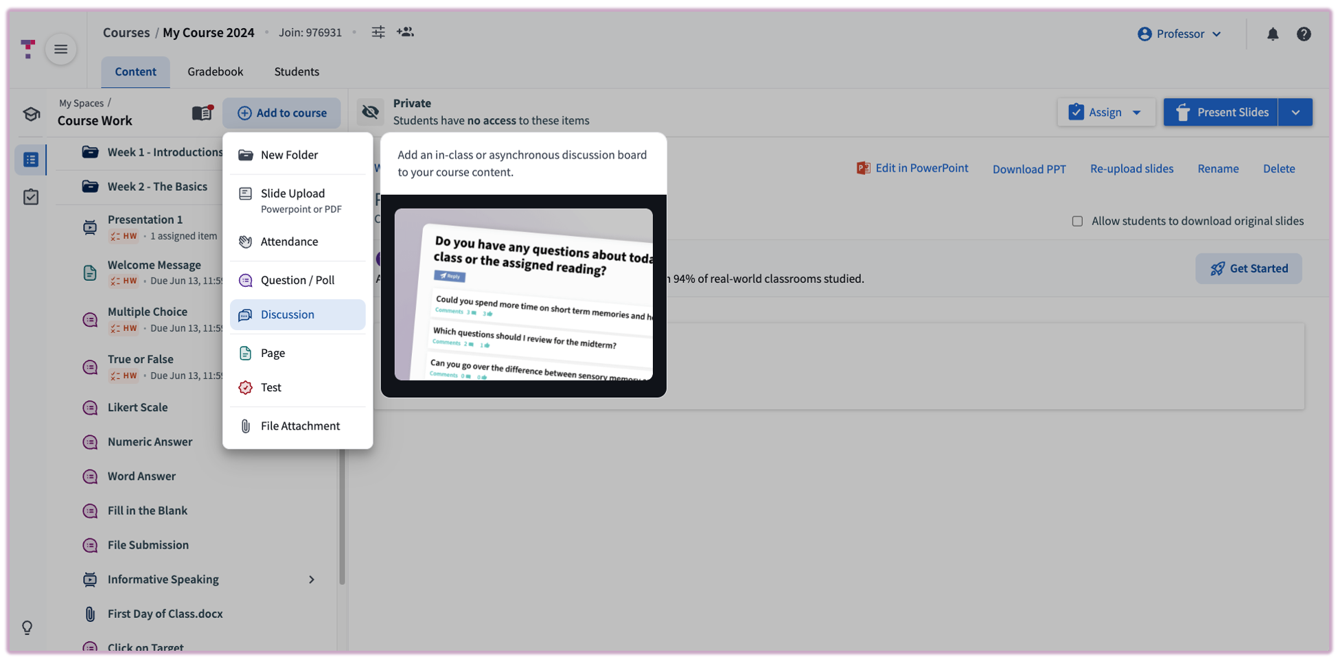 The Top Hat 'Add to course' menu with the Discussion option highlighted in the dropdown list.