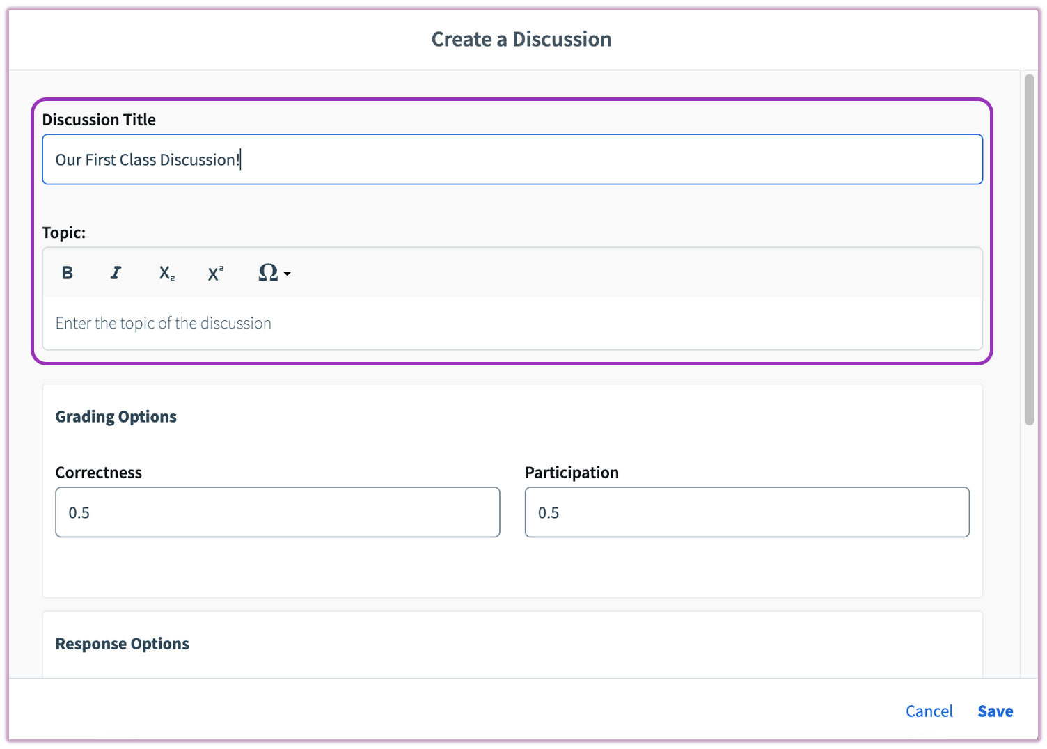The Discussion creation window showing fields for the title and the main discussion topic prompt.
