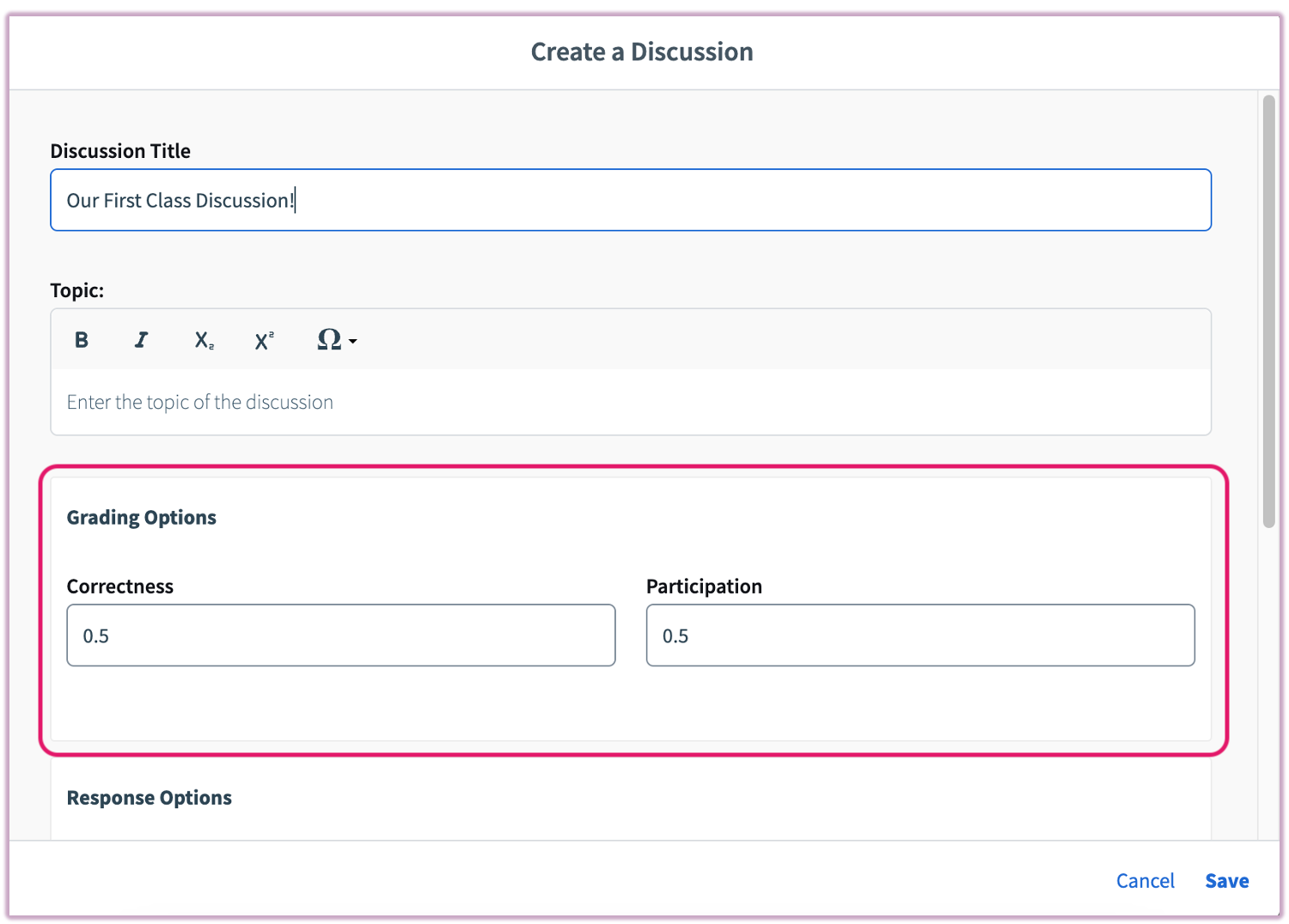 The grading options interface showing input fields for setting Correctness and Participation point values.